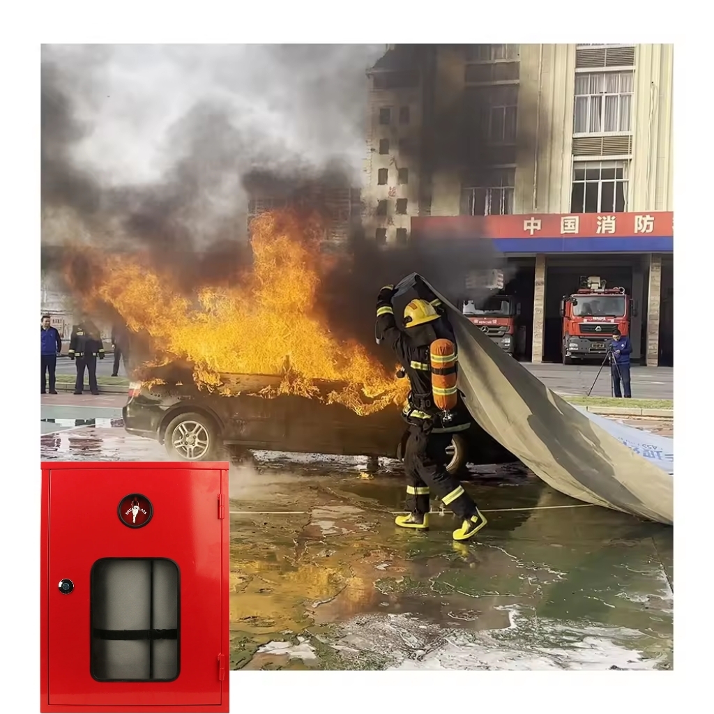 fire blanket covering a burning car to suppress flames and prevent fire spread